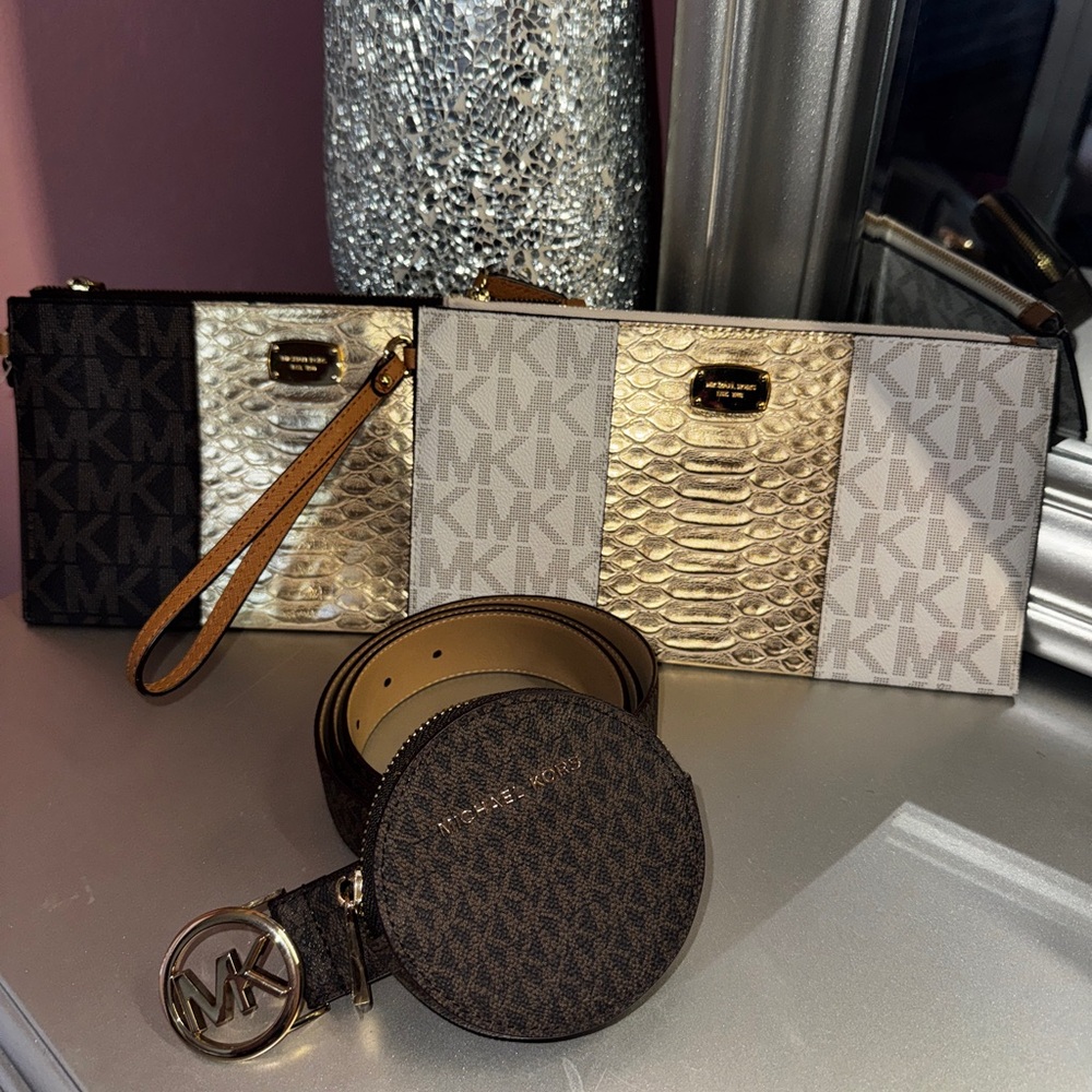 Michael Kors Black, Gold, Cream Wristlet and Belt SET